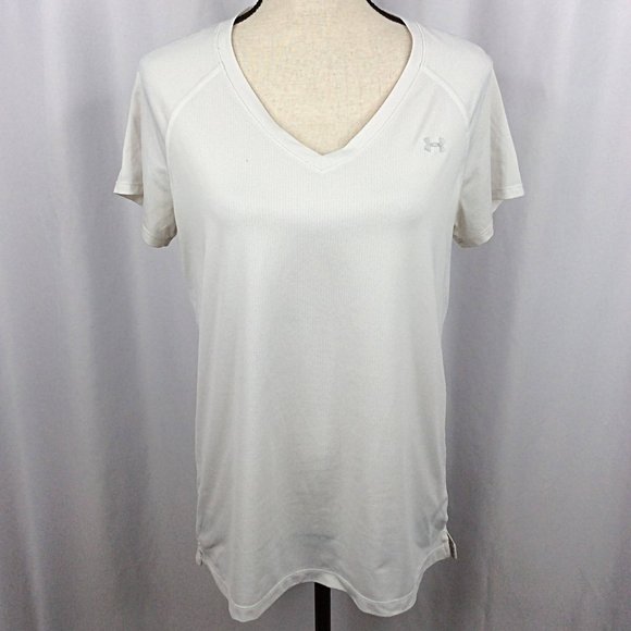 Under Armour Heat Gear T-Shirt Top Womens Large Fitted V-Neck Vented Breathable - Picture 1 of 7